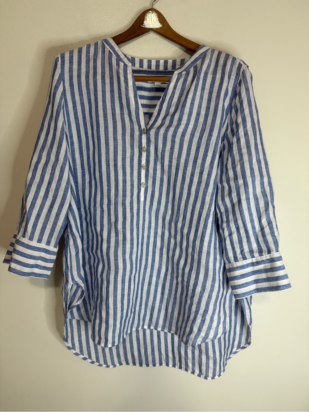 Chicos Striped Blue and White Linen Tunic Top in size large 12